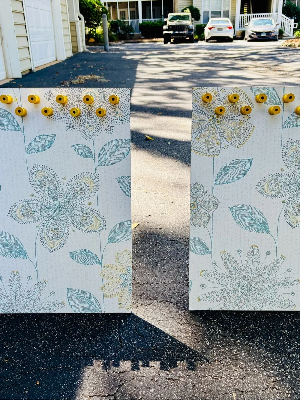 Jewelry Display, Floral Pattern Yellow Hook Panel in Teal and Gold.